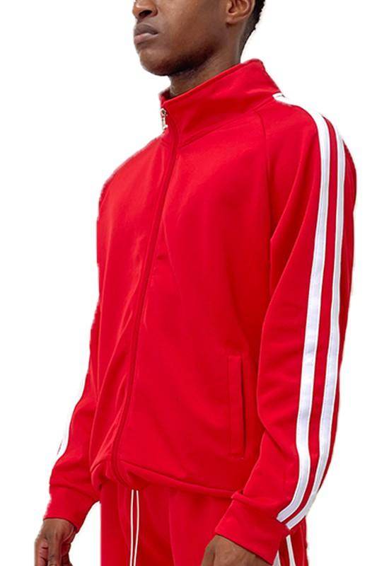 WEIV red vacation style track jacket with white stripes for a sporty look