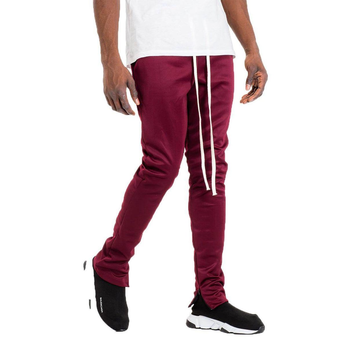 Men's Burgundy Vacation Style Track Pants with Elastic Waist and Drawstring for Comfort and Style
