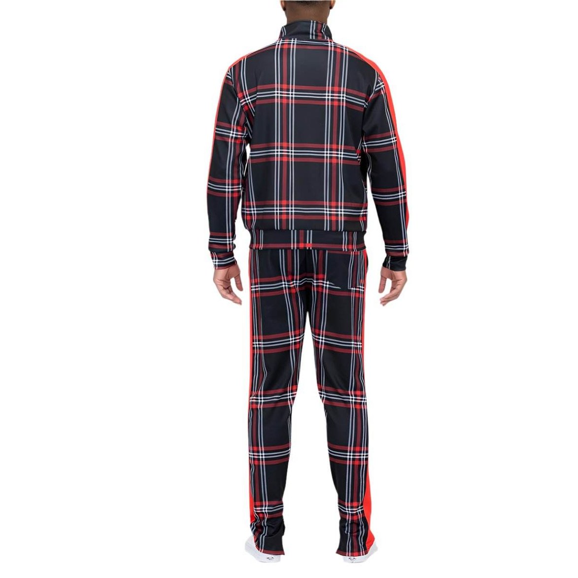 Men's 2PC Track Set in Black and Red Plaid Design for a trendy vacation style track set