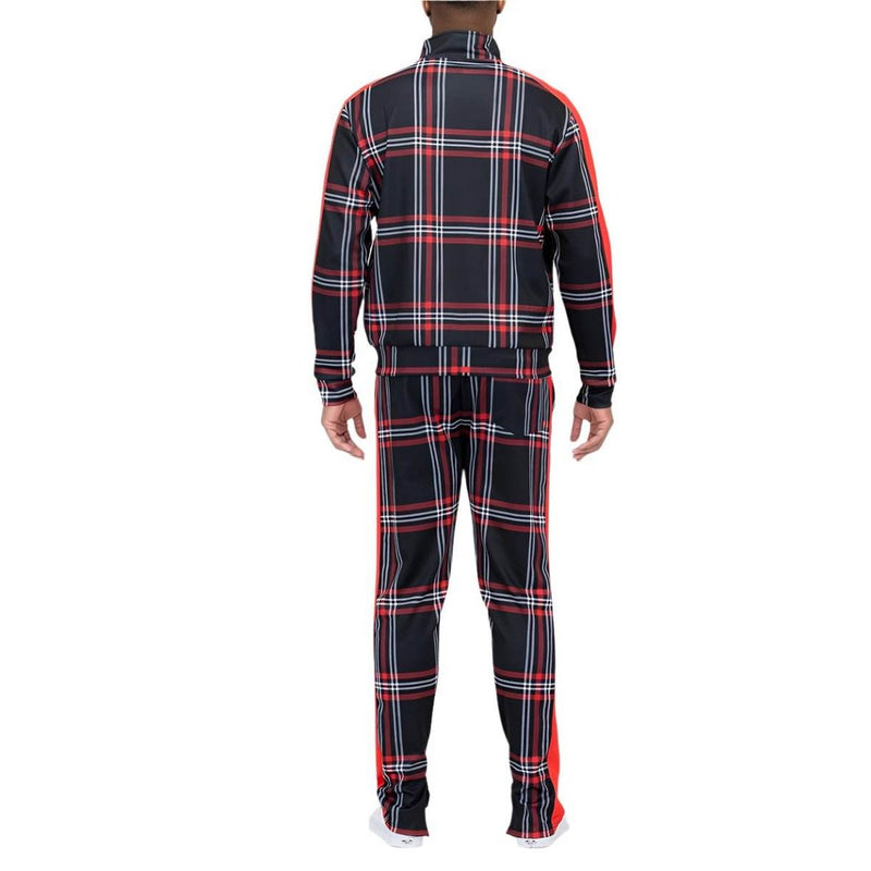 Men's 2PC Track Set in Black and Red Plaid Design for a trendy vacation style track set