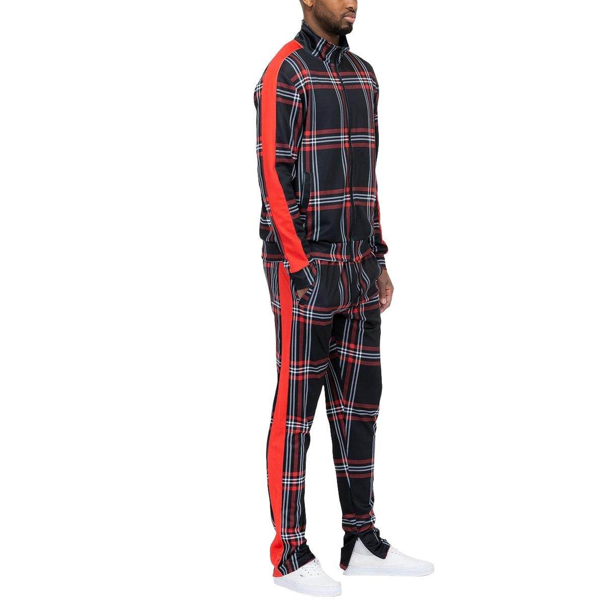 WEIV Men's 2PC Track Set in Black and Red Plaid for a stylish vacation style track set
