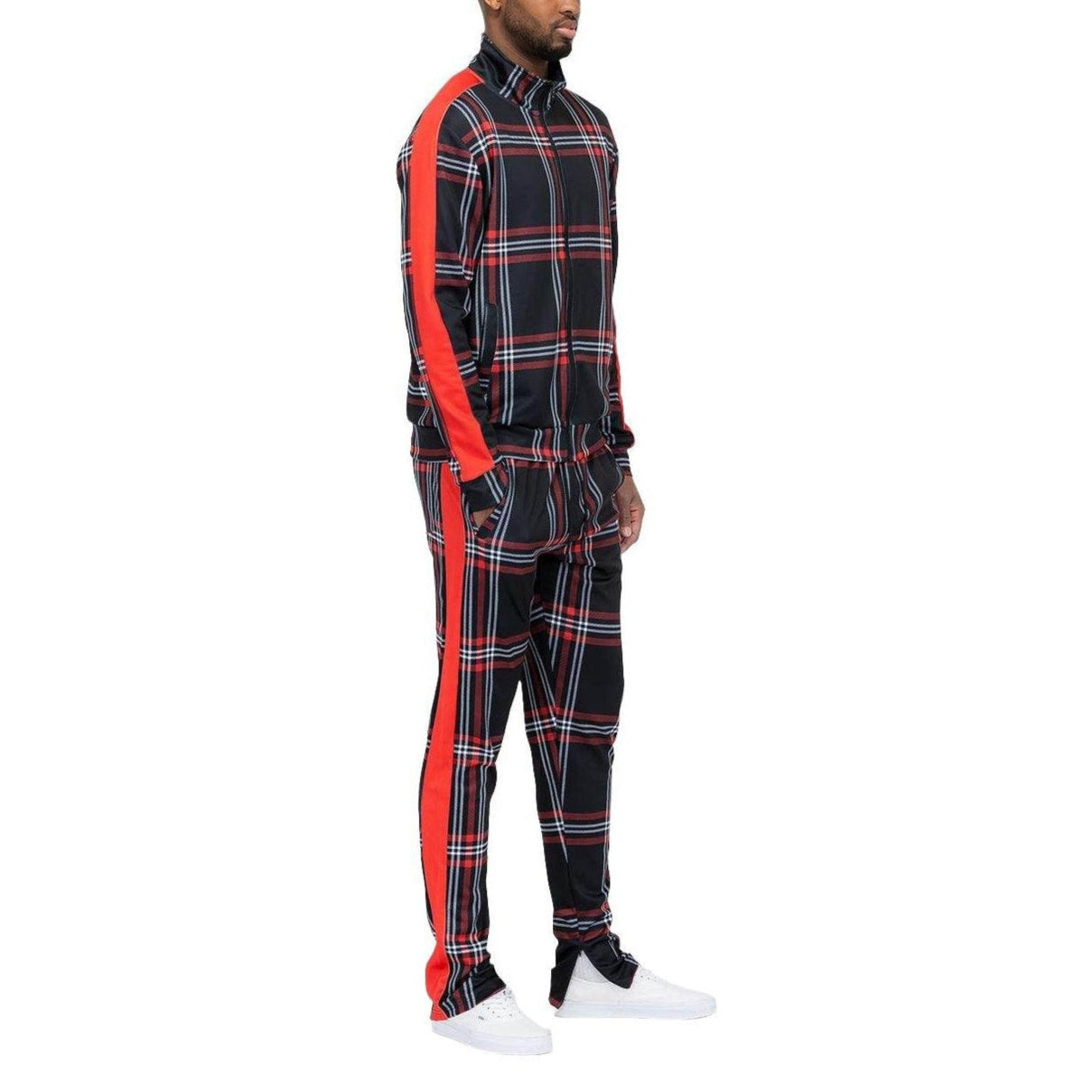 WEIV Men's 2PC Track Set in Black and Red Plaid for a stylish vacation style track set