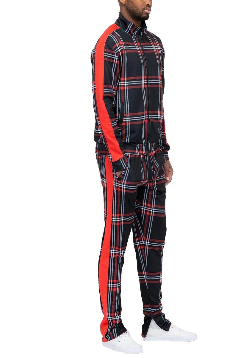 WEIV Men's 2PC Track Set in Black and Red Plaid for a stylish vacation style track set