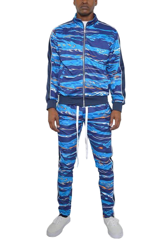 WEIV Men's 2PC Track Set in Blue Camo Design for Vacation Style Track Suit