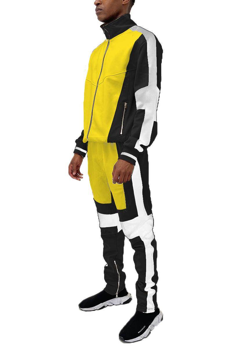 Vacation style tracksuit men in yellow and black design for casual, sporty outings
