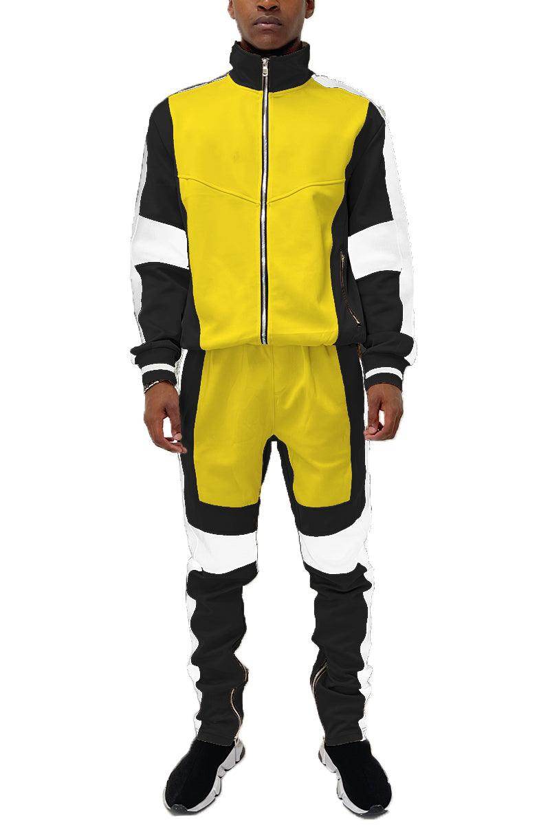 Men's 2PC Track Set in Yellow and Black with Zip Jacket for sporty vacation style tracksuit men.