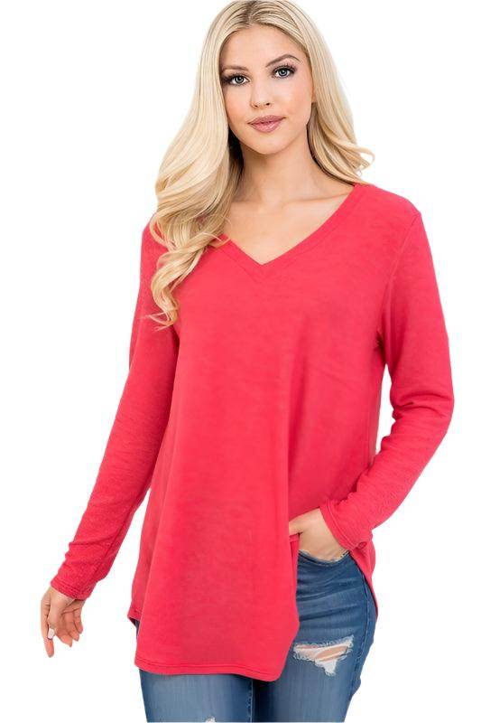 P & ROSE COLLECTION Women's vacation style v-neck shirt in vibrant coral color for casual outings