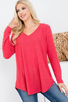 P & ROSE COLLECTION Women's vacation style v-neck shirt in vibrant red with long sleeves