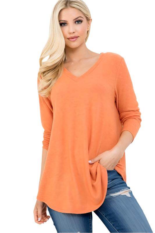 P & ROSE COLLECTION Women's orange vacation style v-neck shirt with long sleeves and pocket detail