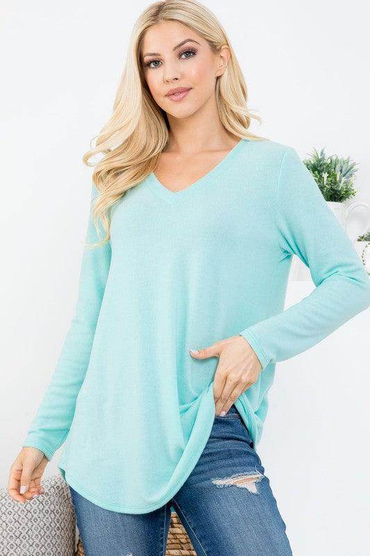 P & ROSE COLLECTION Women's Vacation Style V-Neck Shirt in Light Blue with Long Sleeves