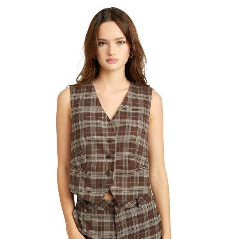 Emory Park Women's Brown Plaid Vacation Style Vest with Button Closure and Pockets