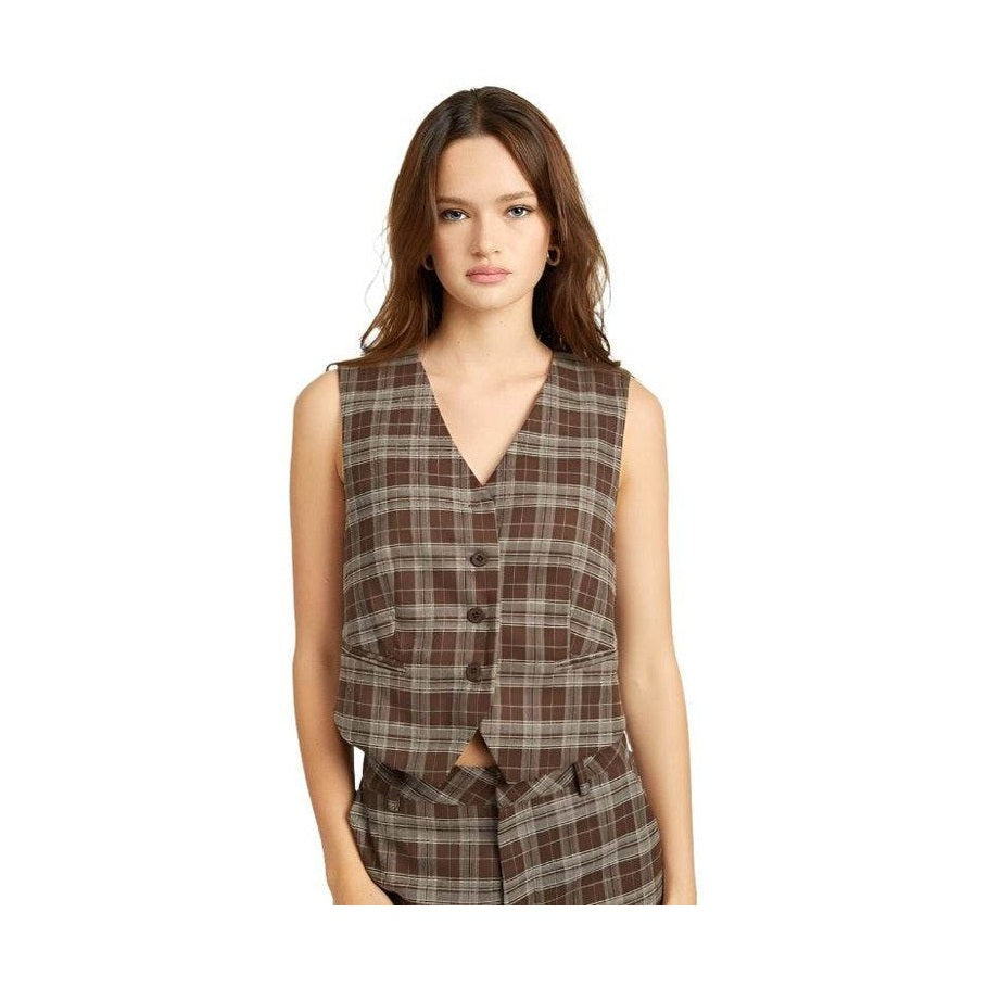 Emory Park Women's Brown Plaid Vacation Style Vest with Button Closure and Pockets