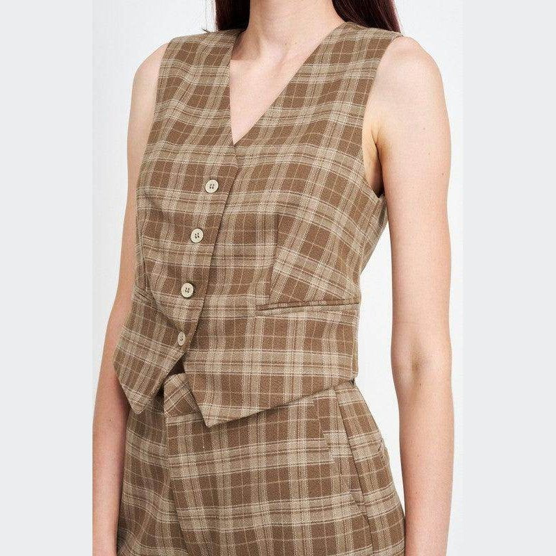 Emory Park Women's Brown Plaid Vacation Style Vest with Button Closure for Casual Outfits