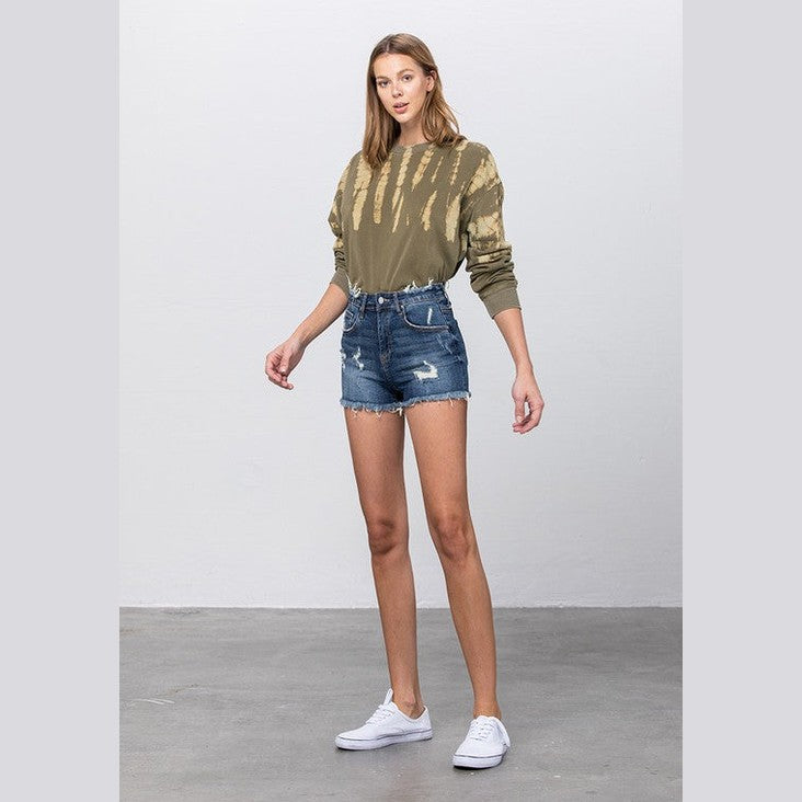 Denim Lab USA vacation style women's shorts in blue with distressed details for a trendy summer look