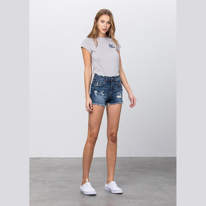 Denim Lab USA vacation style women's shorts in distressed denim with a casual fit and frayed hem