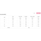 YNIQUE size chart for women's shirts showing measurements for bust, hem width, shoulder, sleeve length, and shirt length in inches