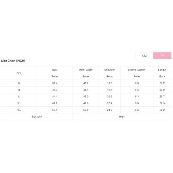 YNIQUE size chart for women's shirts showing measurements for bust, hem width, shoulder, sleeve length, and shirt length in inches