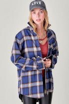 La Miel Women's Flannel Shirt in Blue Check, a vacation wardrobe essential for casual outings