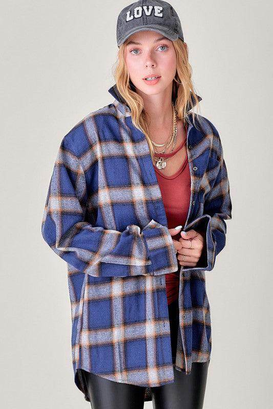 La Miel Women's Flannel Shirt in Blue Check, a vacation wardrobe essential for casual outings