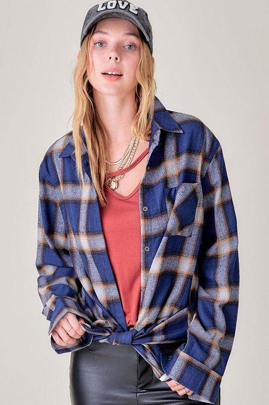 La Miel Women's Flannel Shirt in Blue and Tan, a vacation wardrobe essential for casual outings
