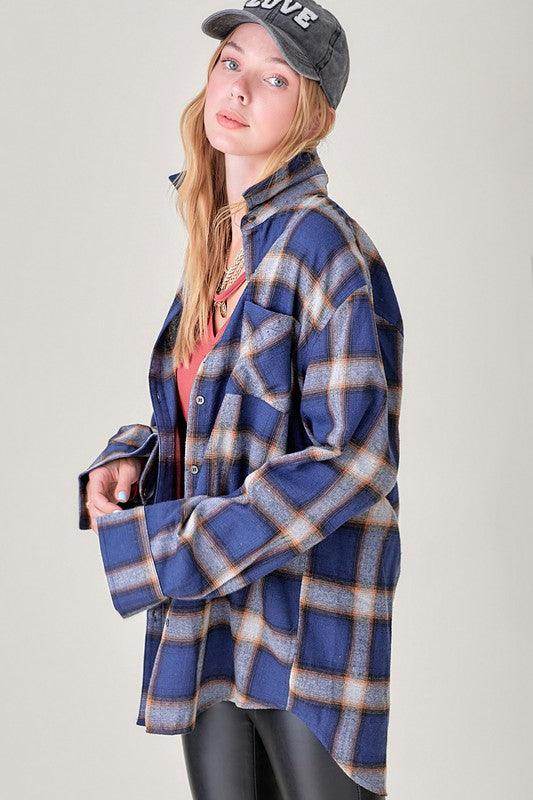 La Miel Women's Blue Plaid Shirt, a vacation wardrobe essential for stylish layering
