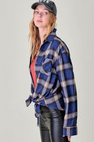 La Miel Women's Flannel Shirt in Blue and Brown plaid, a vacation wardrobe essential for stylish comfort