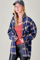 La Miel Women's Flannel Shirt in Blue Plaid, a vacation wardrobe essential for stylish layering