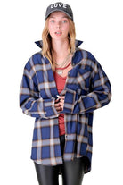 La Miel Women's Flannel Shirt in Blue, a vacation wardrobe essential for casual outings