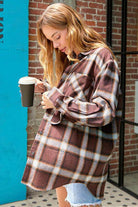La Miel Women's Flannel Shirt in Brown Plaid, a vacation wardrobe essential for casual outings