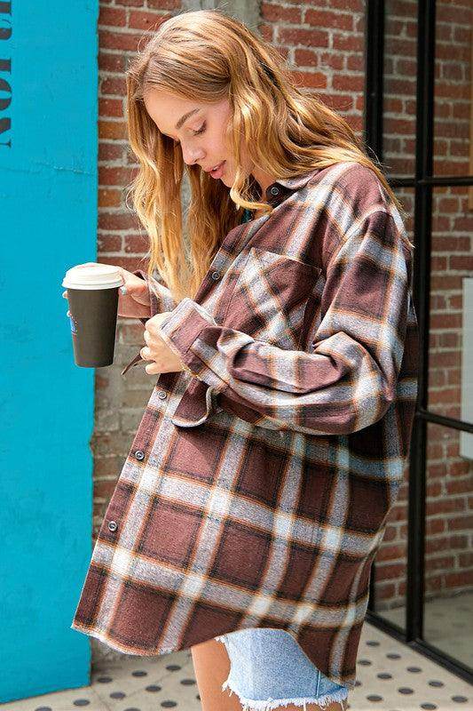 La Miel Women's Flannel Shirt in Brown Plaid, a vacation wardrobe essential for casual outings