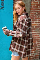 La Miel Women's Flannel Shirt in Brown and Beige, a vacation wardrobe essential for casual outings