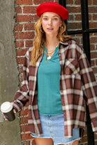 La Miel Women's Flannel Shirt styled for a chic look, perfect as a vacation wardrobe essential
