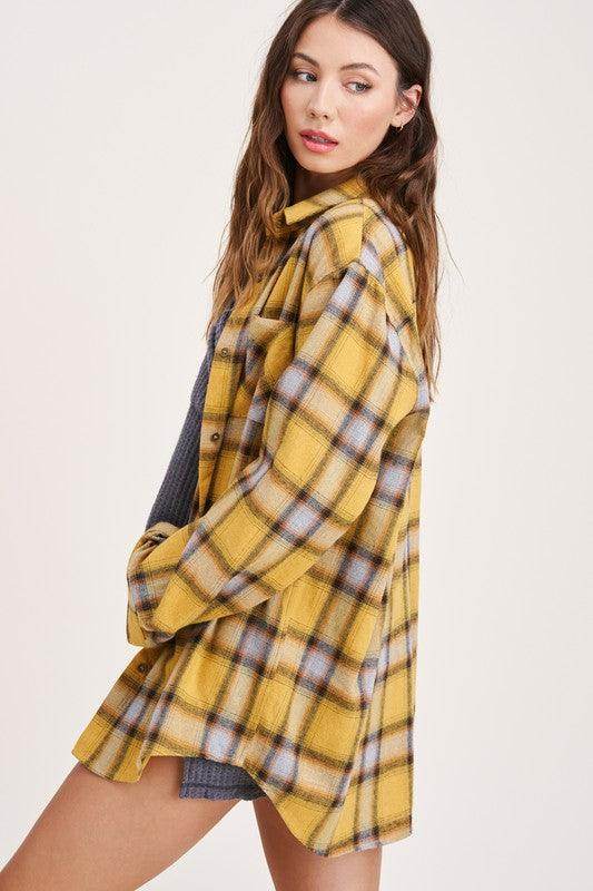 La Miel Women's Yellow Plaid Shirt, a vacation wardrobe essential for stylish outfits