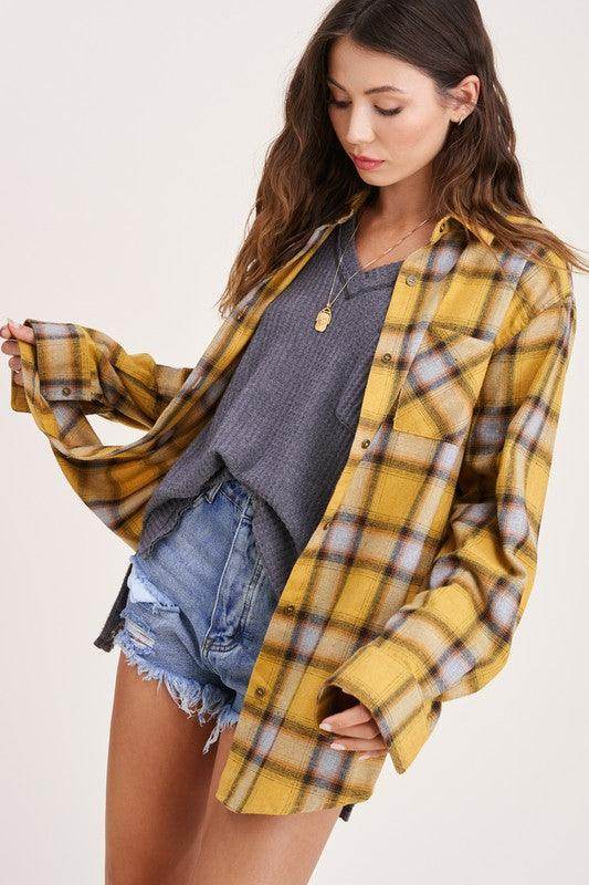 La Miel Women's Yellow Plaid Shirt, a vacation wardrobe essential for casual style