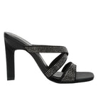 Stylish black heeled sandals with rhinestone accents, perfect vacation worthy shoes and apparel