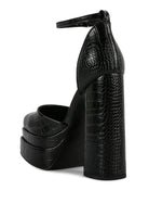 London Rag International Black Crocodile Heels with Chunky Platform, perfect for vacation worthy shoes and apparel
