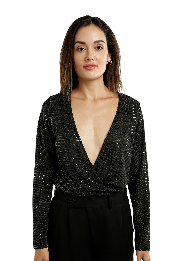London Rag International Women's Bodysuit in Black Sequin for vacation worthy shoes and apparel