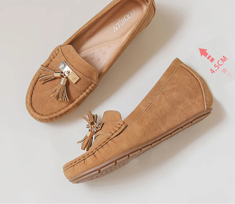 Women's tan loafers from VacationGrabs, vacation worthy with tassel detail