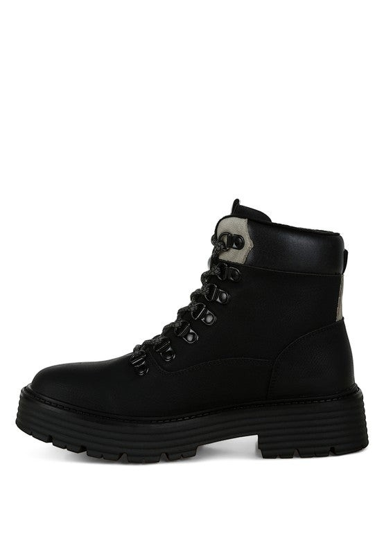 VacationGrabs black lace-up chunky ankle boots with a cozy lining and slip-resistant lug sole for winter travel