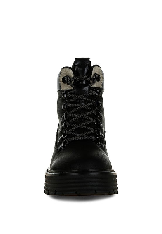 VacationGrabs black lace-up chunky ankle boots with cozy lining and slip-resistant sole for winter travel