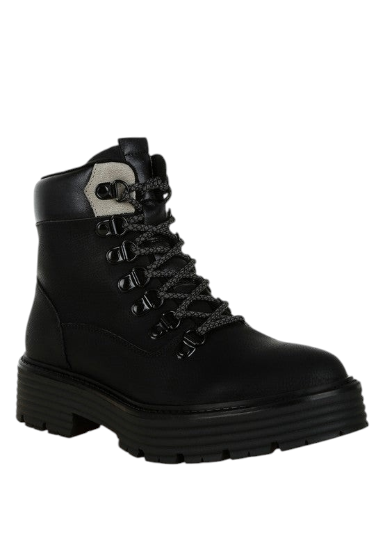 VacationGrabs black lace-up chunky ankle boots with a cushioned footbed and slip-resistant sole for winter travel.