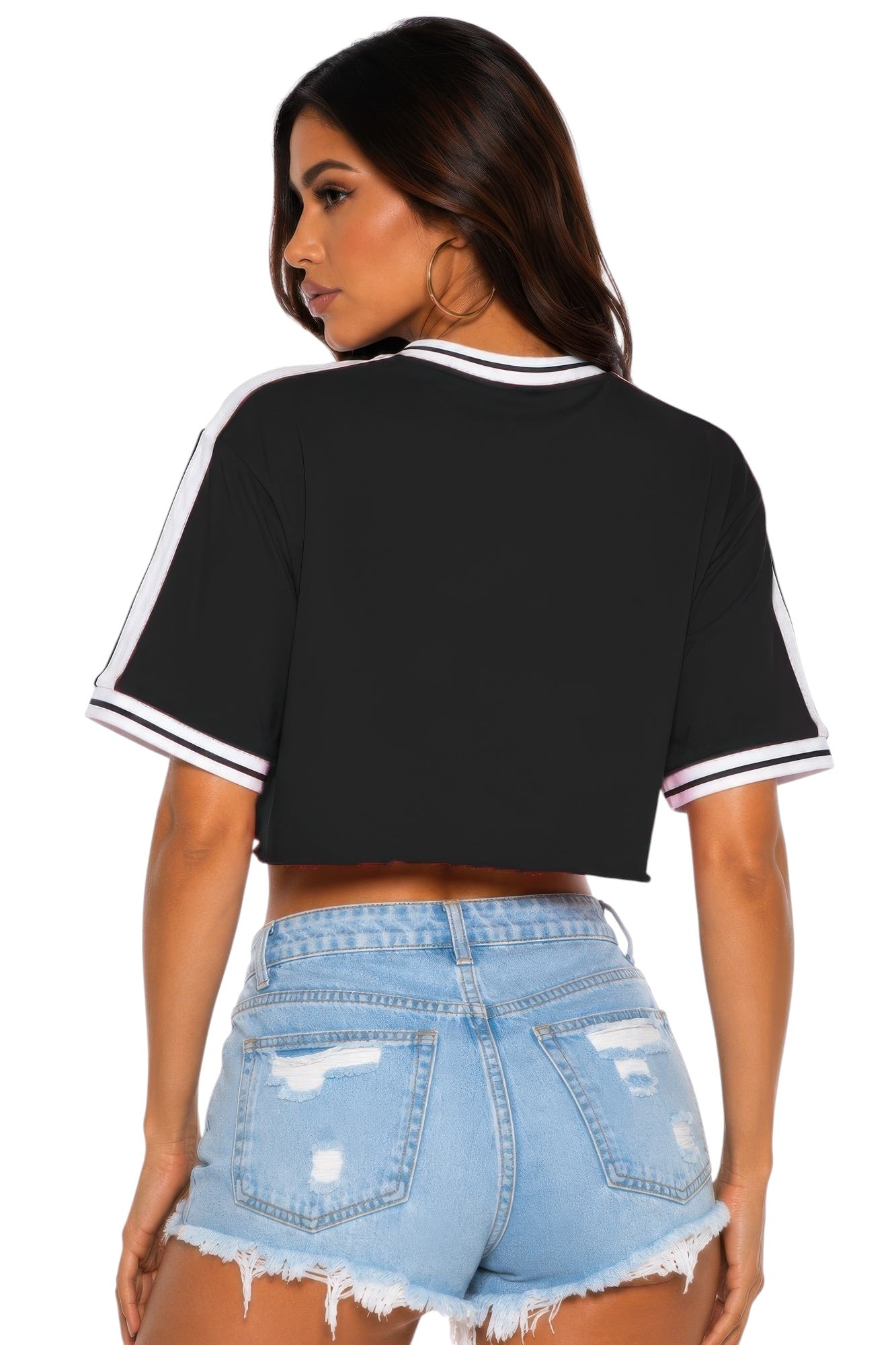 VacationGrabs black cropped cotton t-shirt with white stripe tape on sleeves and raw hem, worn by a woman from behind
