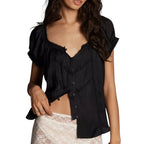 VacationGrabs black cropped button-up top with delicate lace trim, short sleeves, and a relaxed, silky drape.