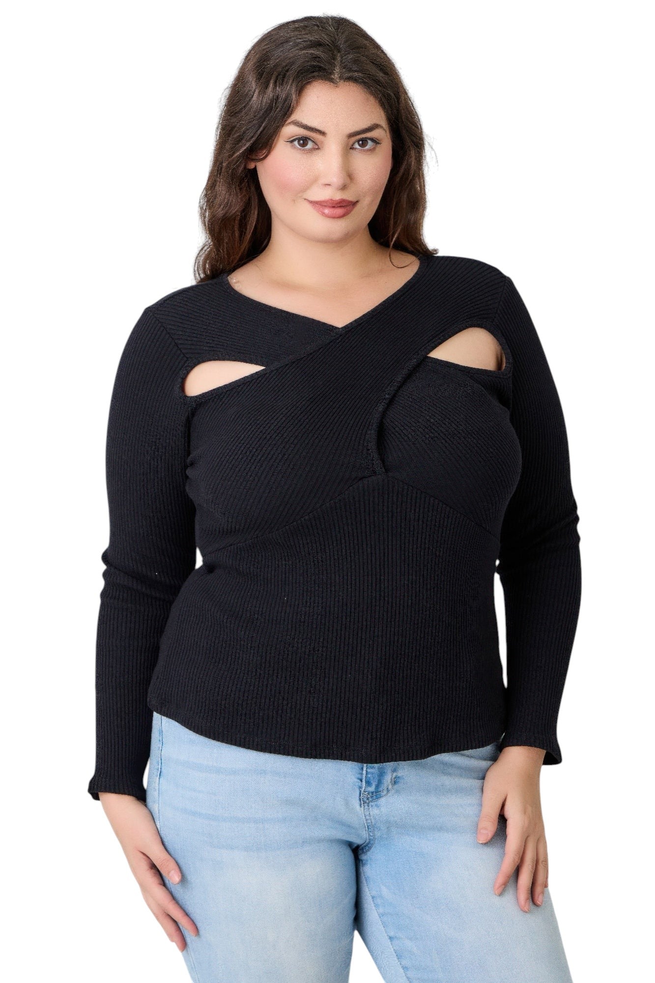VacationGrabs plus size black ribbed long sleeve top with asymmetrical crossover cutout neckline worn by a model