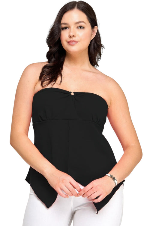 VacationGrabs black strapless liverpool knit top with center O-ring detail and flattering shark-bite hemline