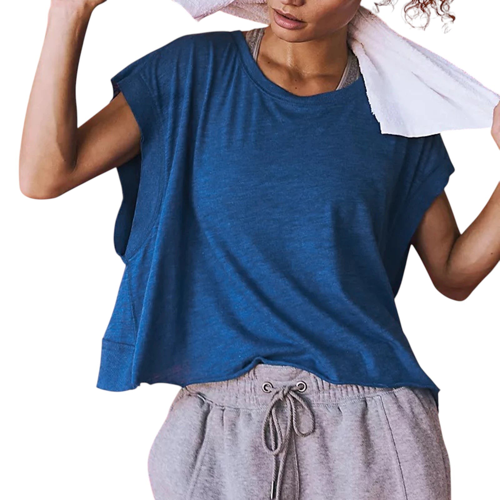 VacationGrabs blue short-sleeve crop top with a relaxed fit and crew neck, worn with grey drawstring sweatpants.