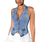 VacationGrabs women's blue denim crop vest with a V-neck, button-up front, and slim fit for a stylish summer look.