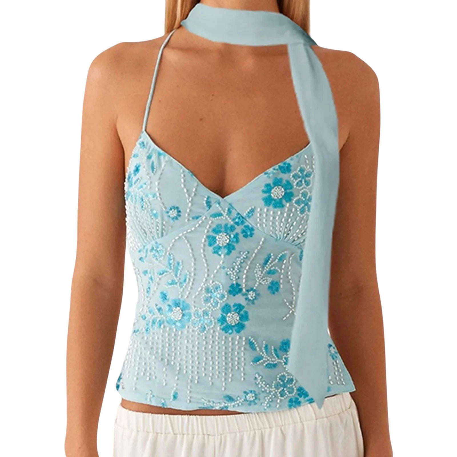 VacationGrabs light blue halter crop top with floral embroidery, sequins, rhinestones, and a matching neck scarf.