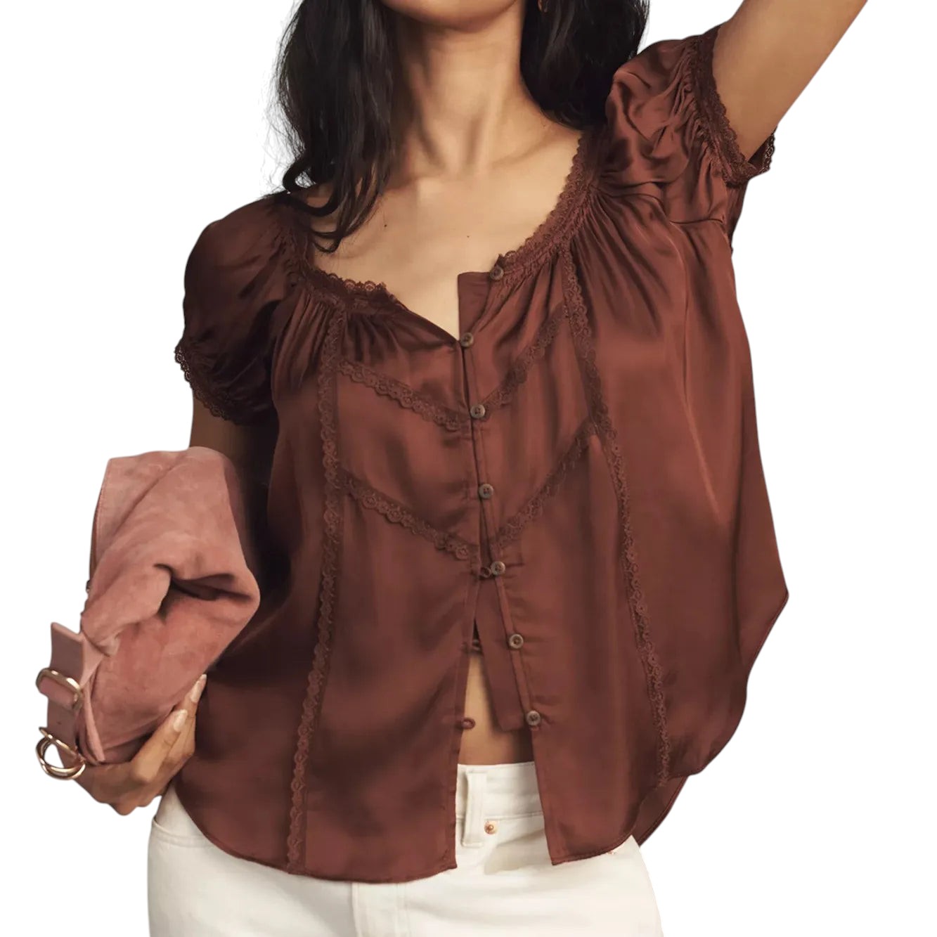 VacationGrabs brown cropped blouse with lace trim, button-up front, and short sleeves worn with white pants.