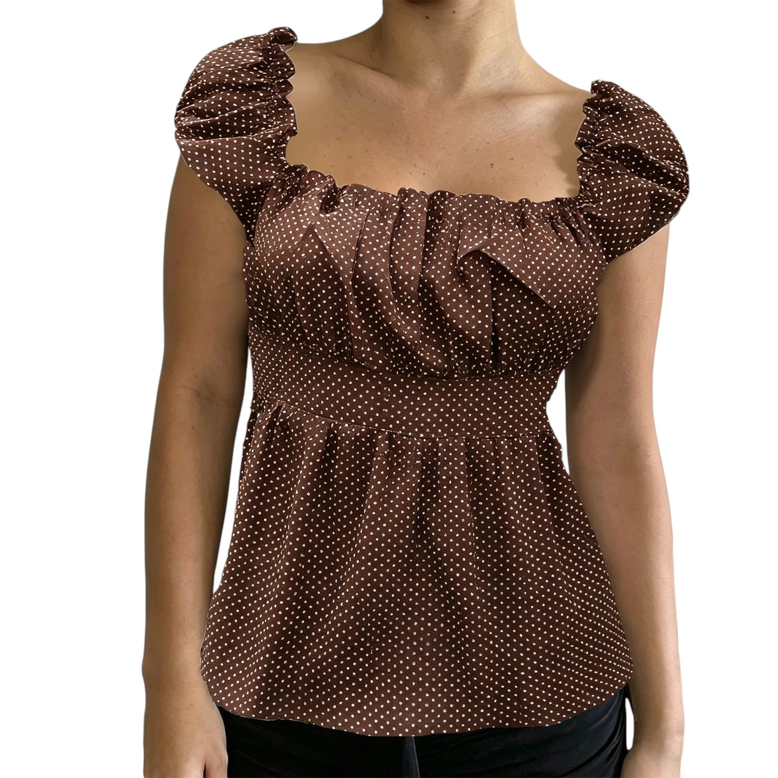 VacationGrabs brown polka dot peplum top with square neckline and puff sleeves in a Y2K-inspired slim fit style